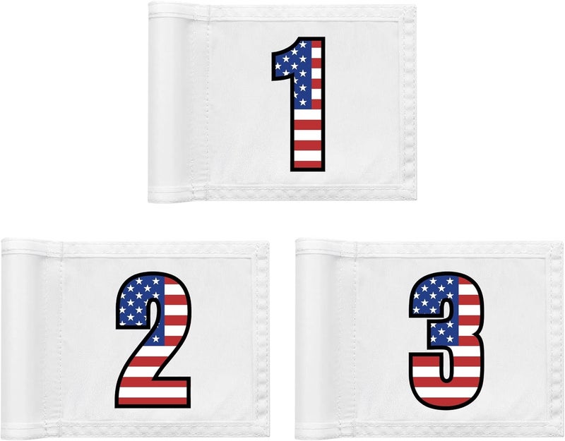 WATSY Golf Flag 8x6 Inch – 420D Nylon Double-Sided Mini Pin Flag with Tube Inset, Practice Putting Green Flags for Yard (Numbered USA - Set of 3) - Image 1